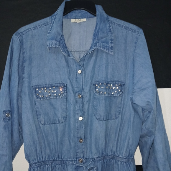 NEW MPH Collection Women buttoned Denim rhinestone bling pocket midi dress - Picture 4 of 12